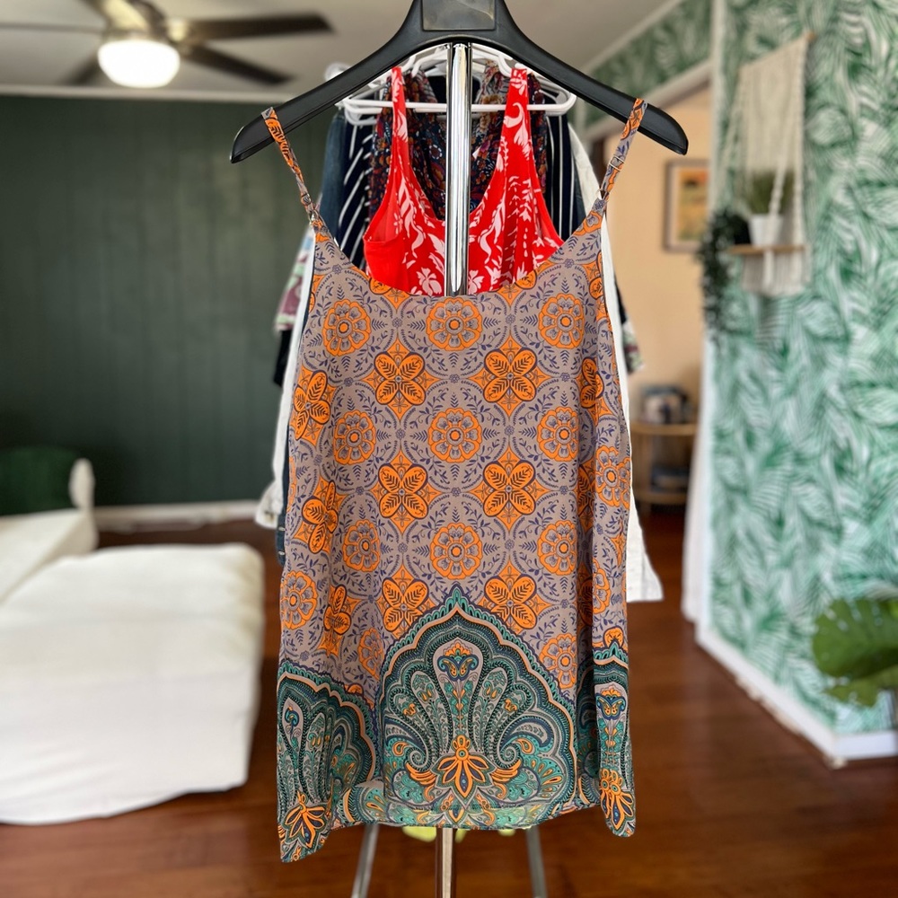 Cabi Arabesque Cami Tank Tunic Top Sleeveless Orange Blue Paisley 3082 Sz S - Picture 6 of 8